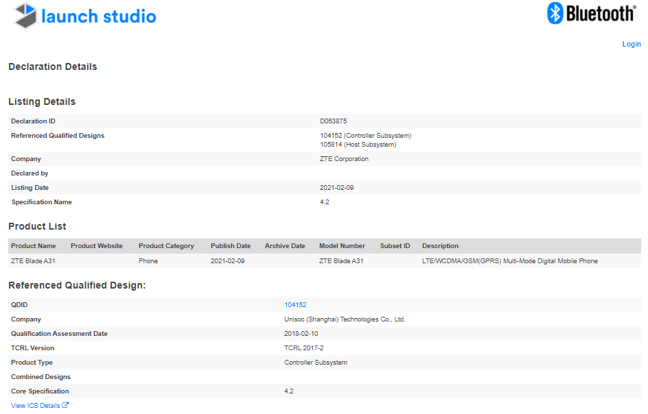 中兴通讯刀片A31已通过蓝牙SIG认证;将有一个U
